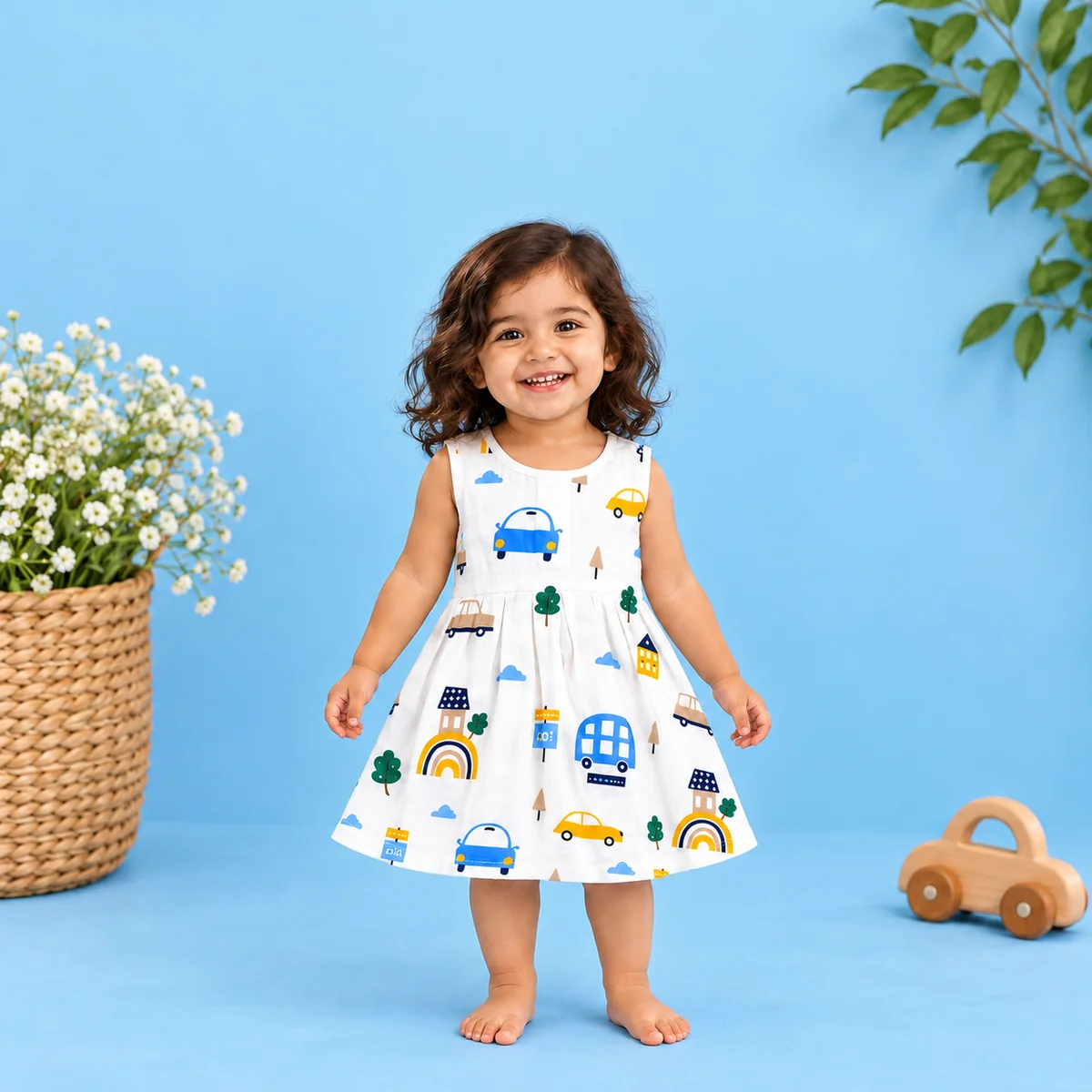 Child wearing a printed baby frock