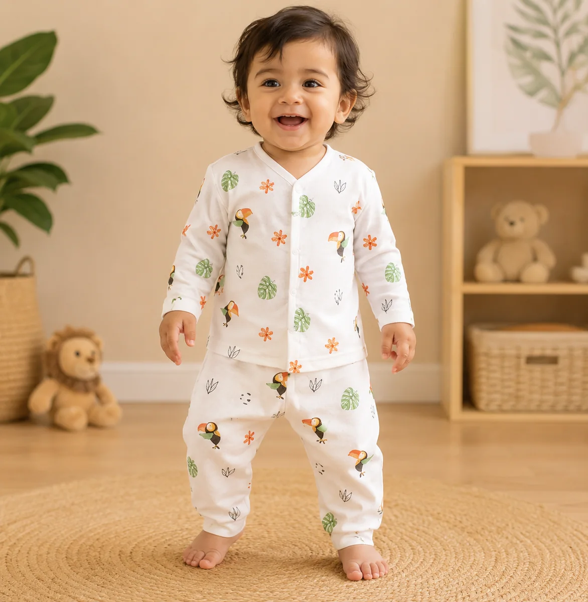 Baby wearing a printed night suit