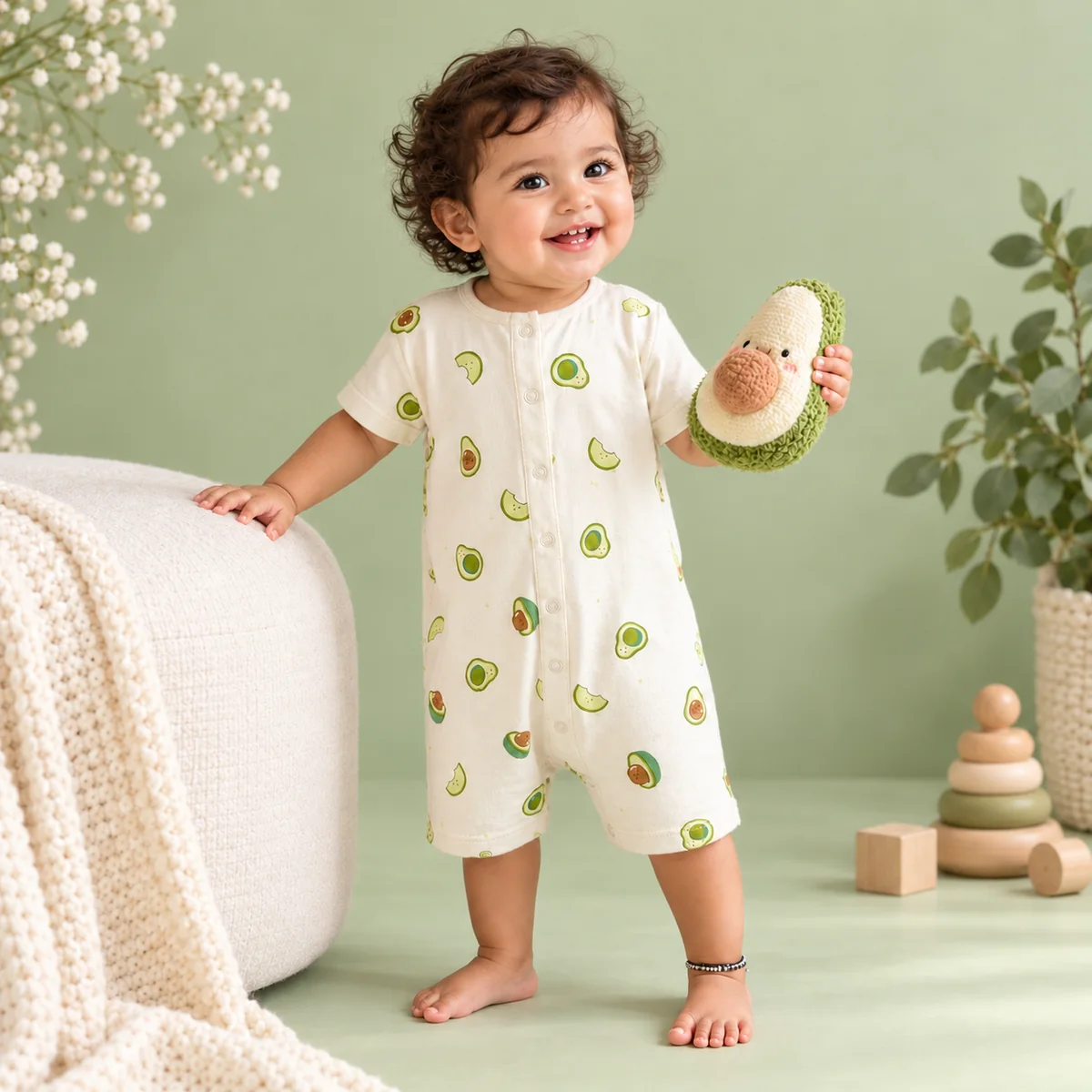 Baby wearing a printed romper